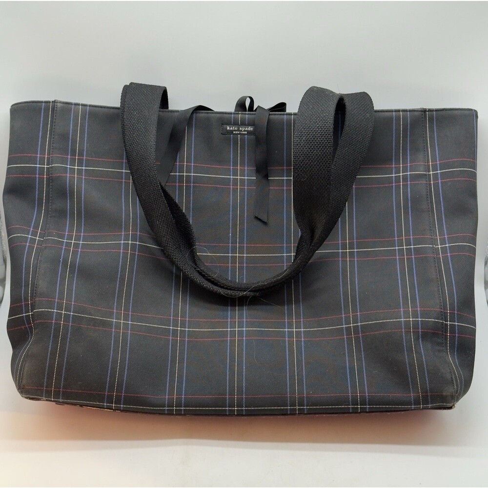 Kate Spade Large Baby Diaper Bag Changing Pad Black Plaid Canvas Tote 21x13x4 in